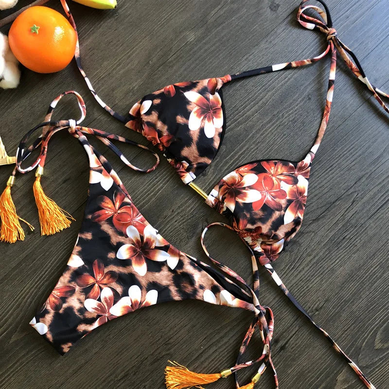 Bikini floral push up mujer verano 2025 en colores vibrantes leopardo
