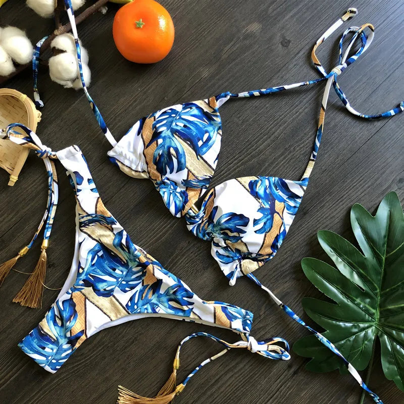 Bikini floral push up mujer verano 2025 en colores vibrantes azul