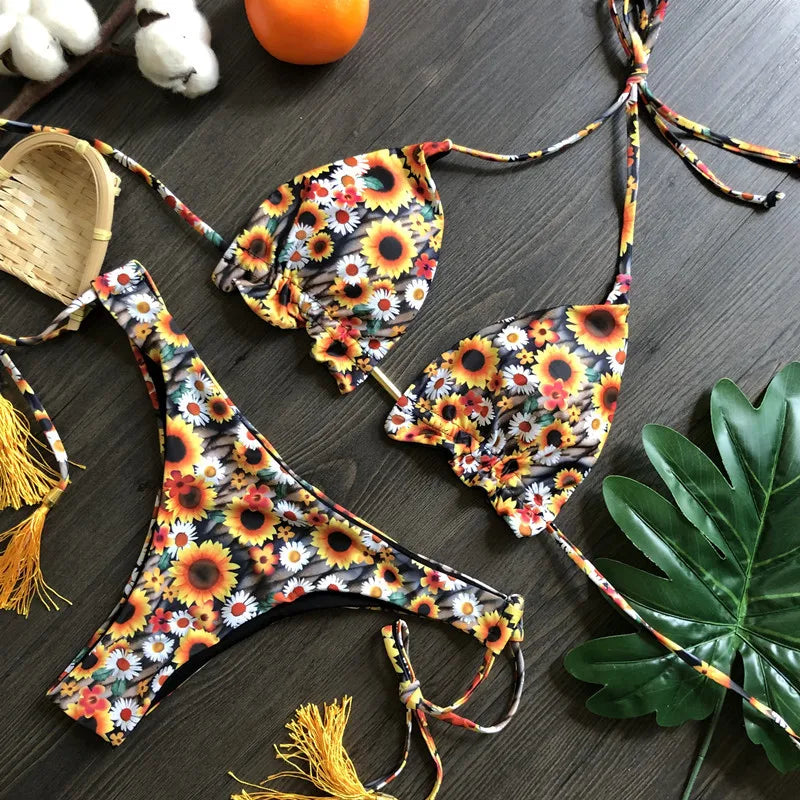 Bikini floral push up mujer verano 2025 en colores vibrantes girasoles